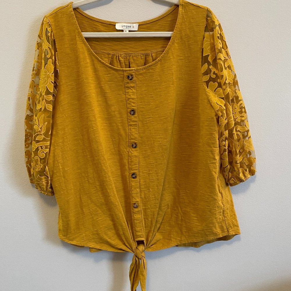 Boho Top Umgee Mustard Yellow Lace Sheer Slvs XL 100% Cotton Crop Festival